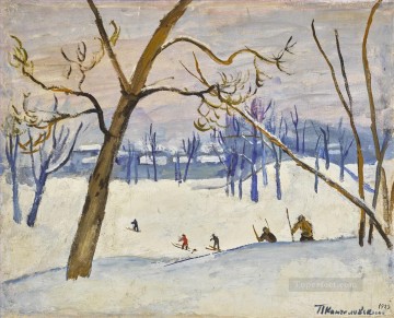 Landscapes Painting - SKIERS Petr Petrovich Konchalovsky snow landscape